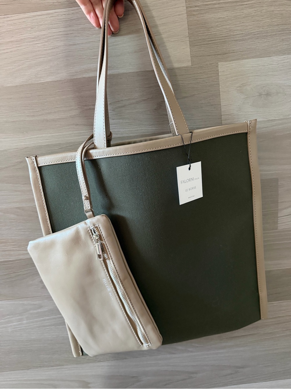 Falor Le Borse Canvas and Leather Tote Bag with Removable Pouch NWT